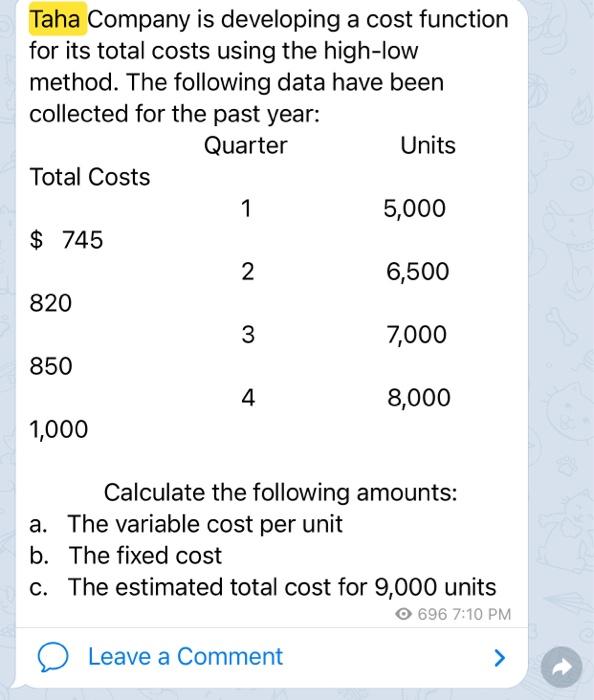  1 Taha Company is developing a cost function for its total