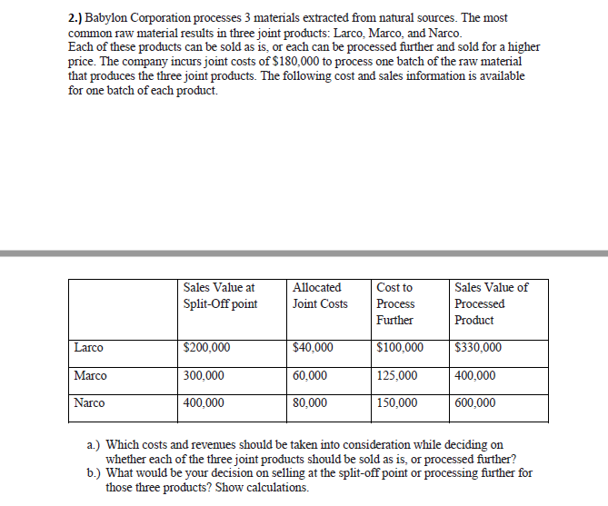  2.) Babylon Corporation processes 3 materials extracted from natural sources. The