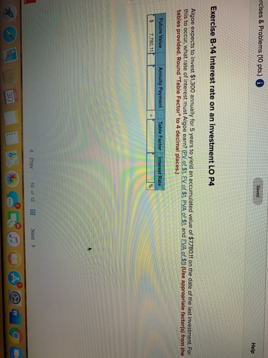  ercises & Problems (10 pts.) Saved Help Exercise B-14 Interest rate