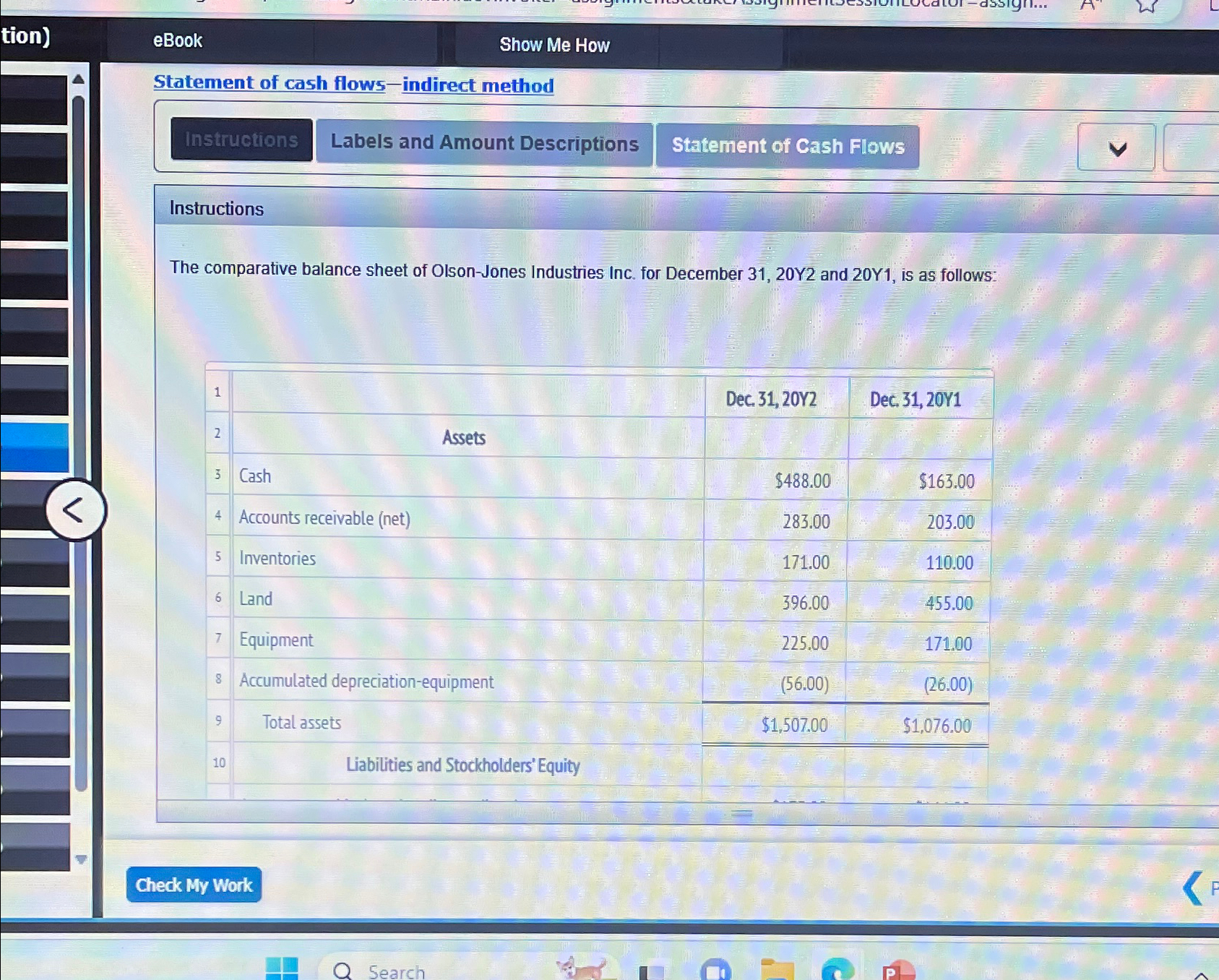  Show Me How Statement of cash flows-indirect method Labels and Amount