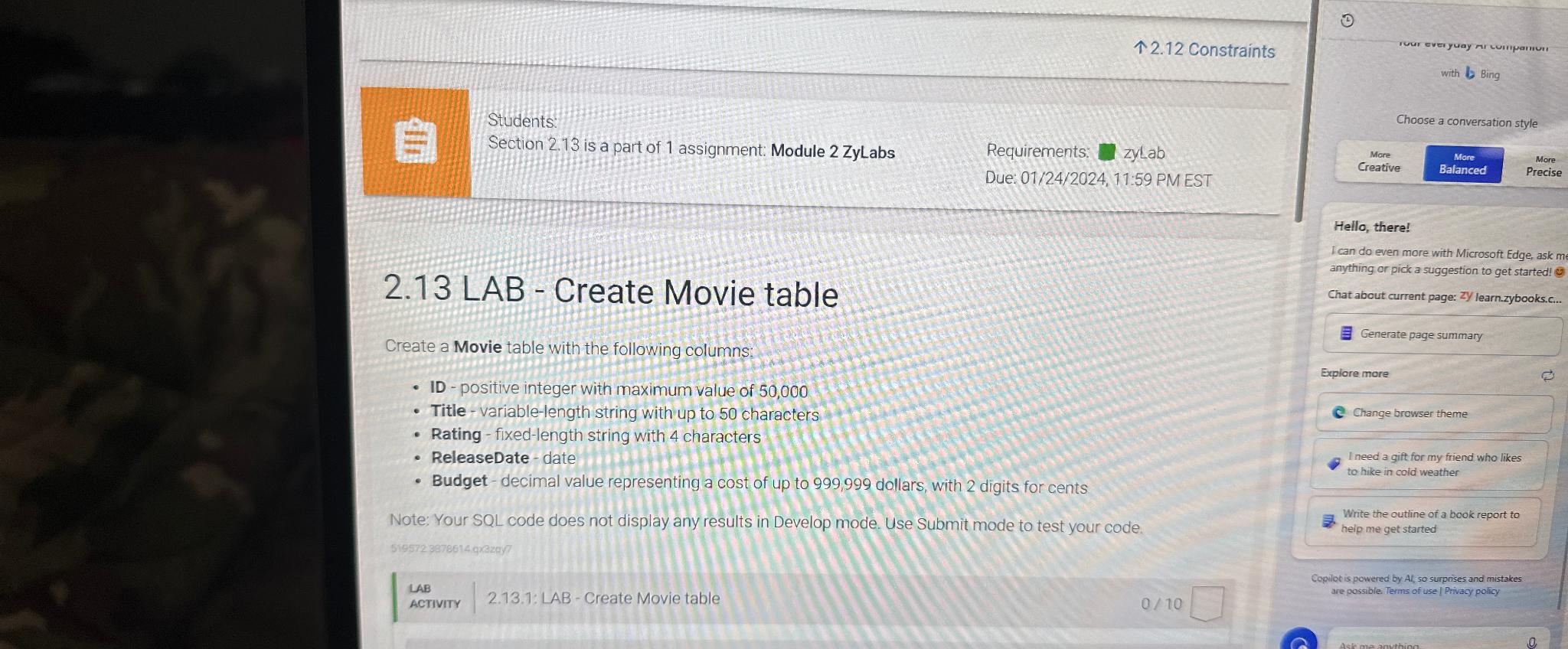  2.13 LAB - Create Movie table Create a Movie table with