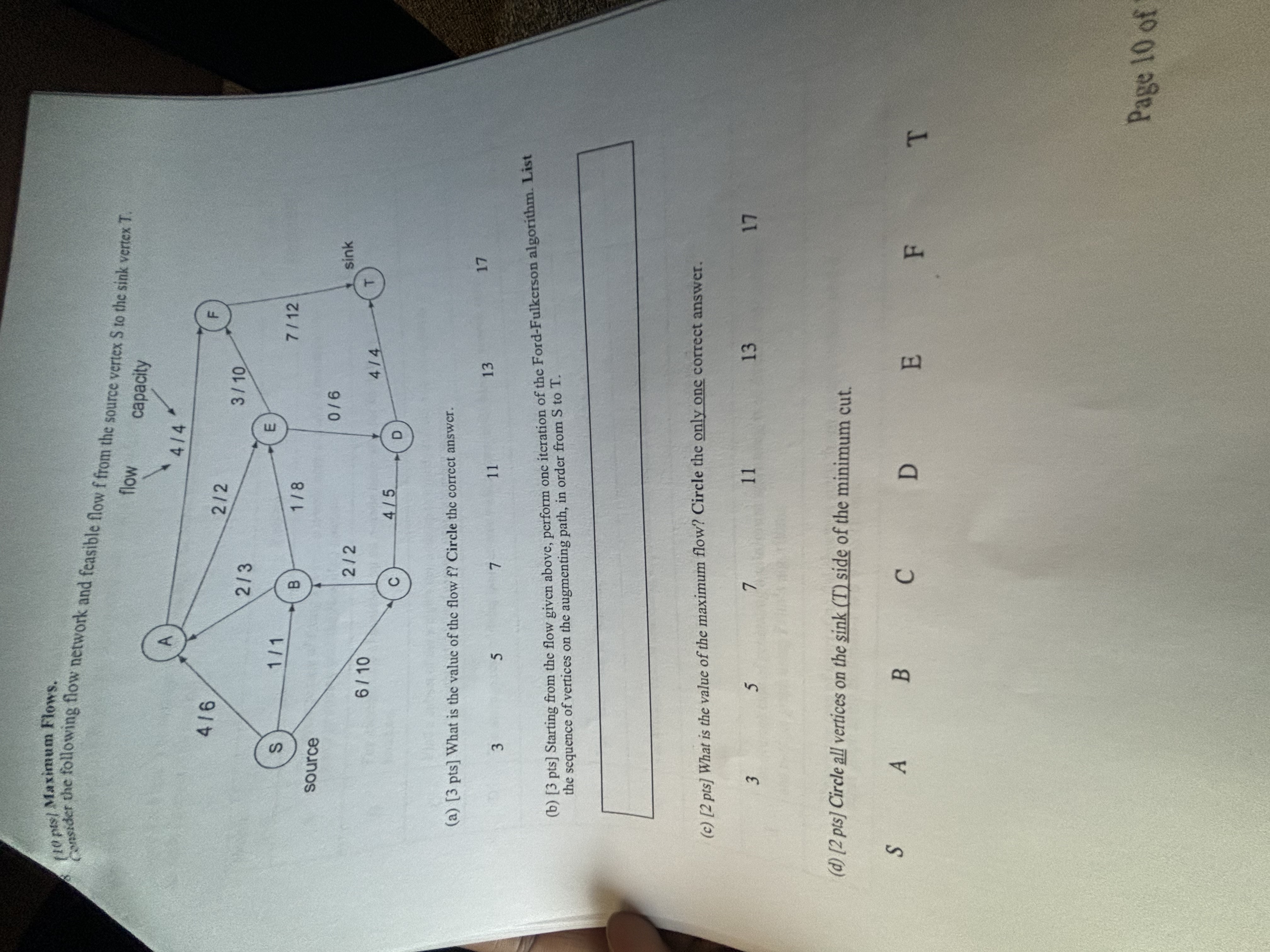  8(lo pis) Maximum Flows. Answer in 30 minutes please consider the