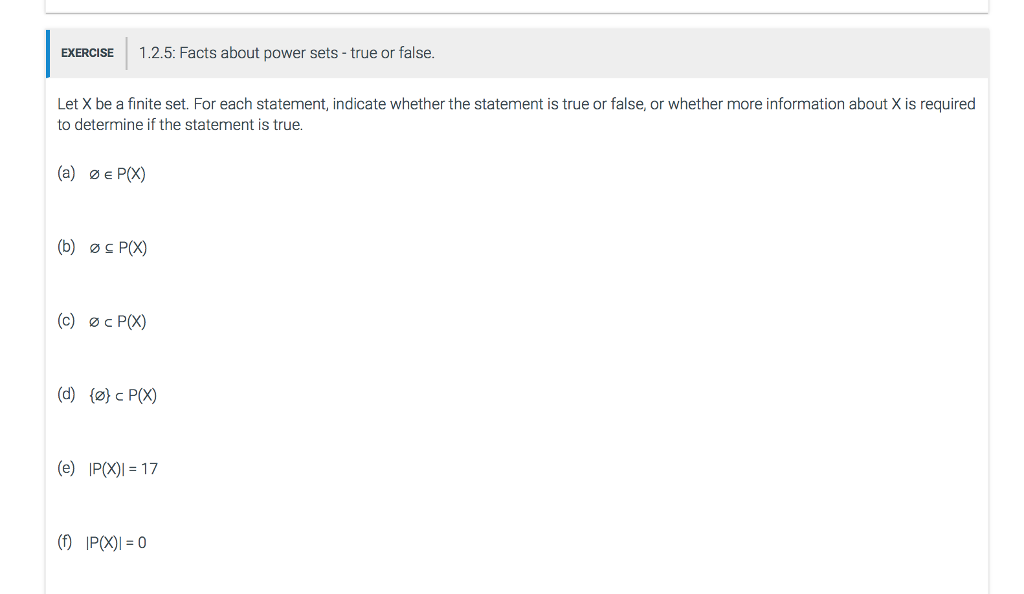 EXERCISE1.1.3: Subset relationships between common numerical sets Indicate whether the statement is
