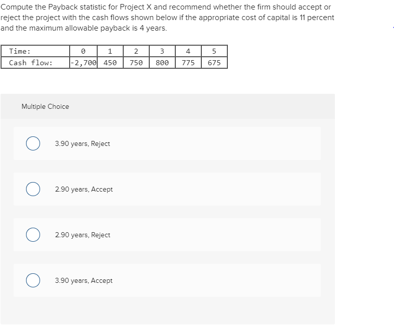 Compute the Payback statistic for Project X and recommend whether the