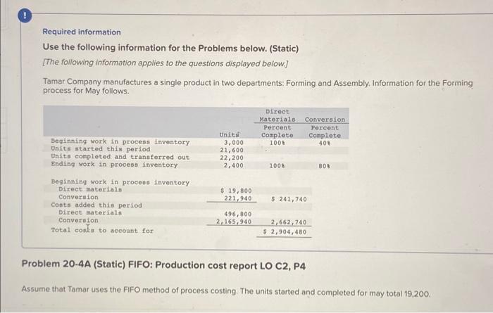  Required information Use the following information for the Problems below. (Static)