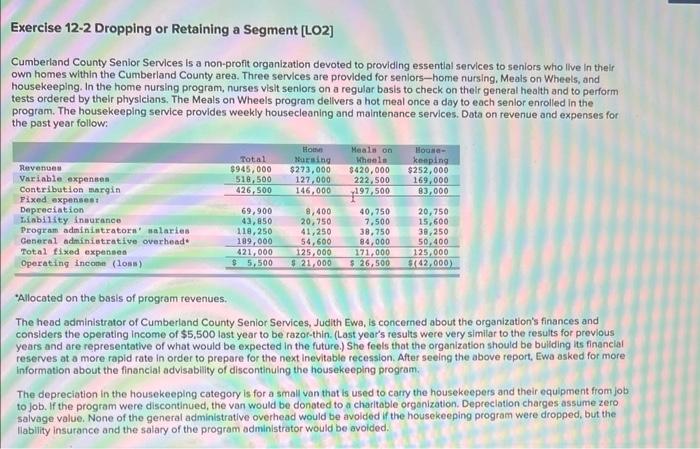  Exercise 12-2 Dropping or Retaining a Segment [LO2] Cumberland County Senior