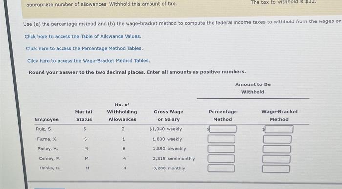  Use (a) the percentage method and (b) the wage-bracket method to