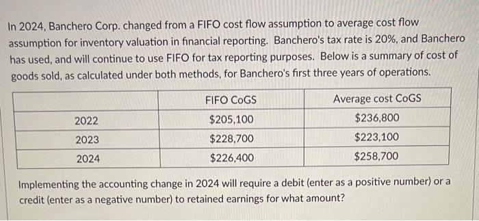  In 2024, Banchero Corp. changed from a FIFO cost flow assumption