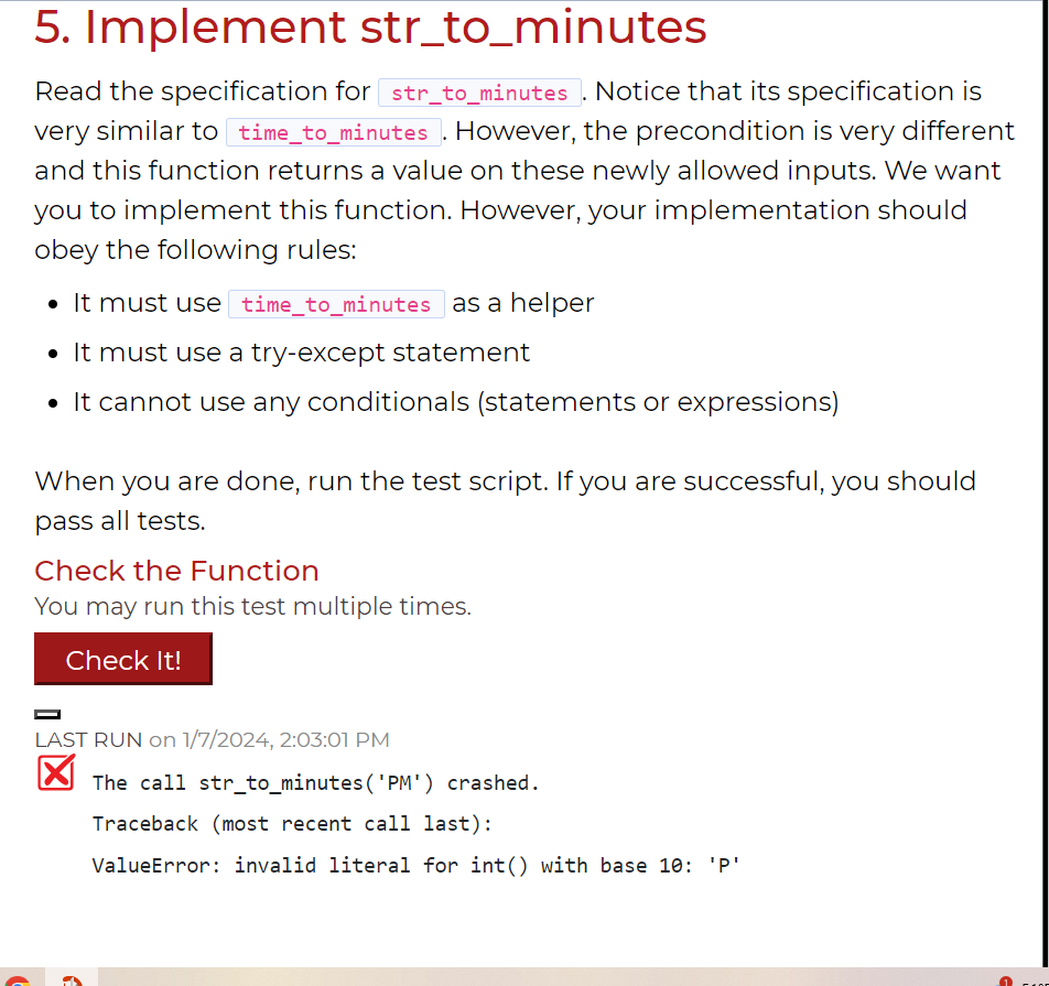  help me implement it with try and except statementsImplement str_to_minutes Read