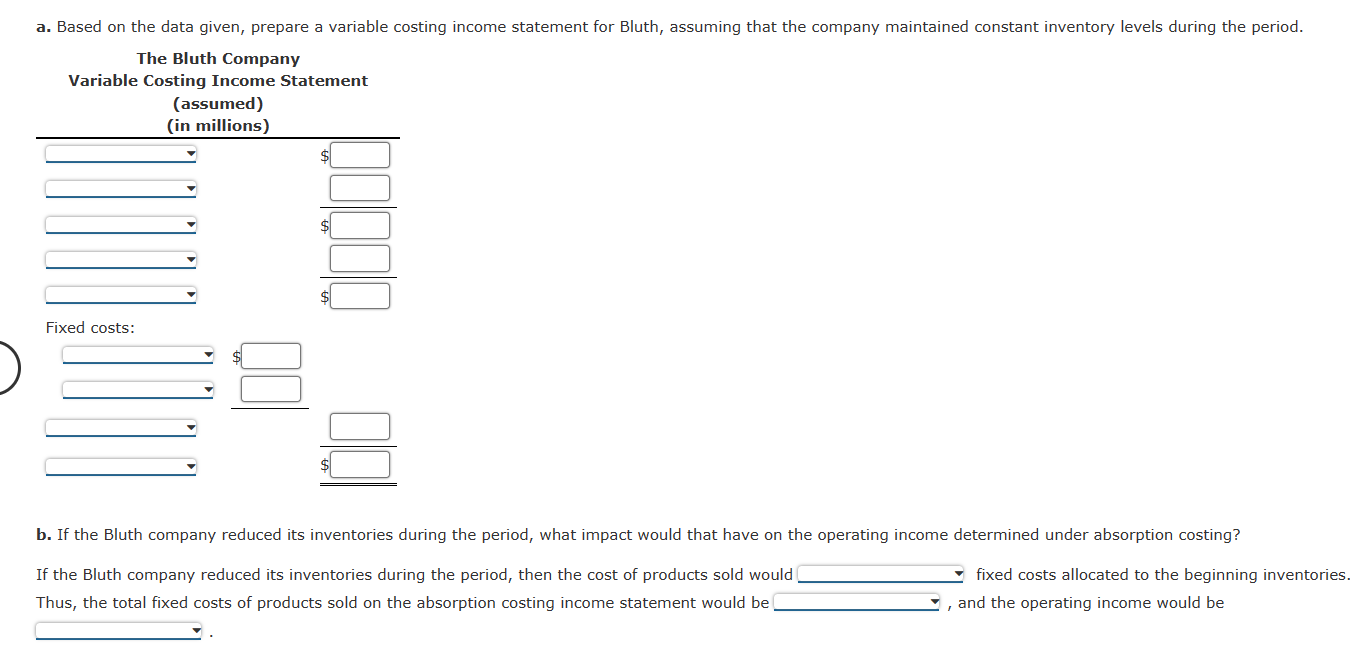 recent income statement of The Bluth Company: a. Based on the data