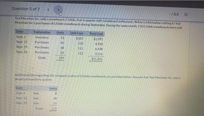  Question 5 of 7 - / 0.6 E Teal Mountain Inc.