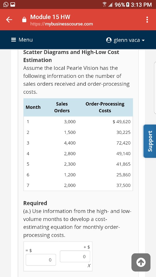 .11 96% 3:13 PM Module 15 HW https://mybusinesscourse.com Menu glenn vaca-