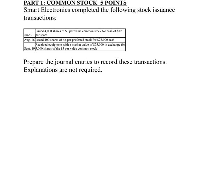  PART 1: COMMON STOCK 5 POINTS Smart Electronics completed the following