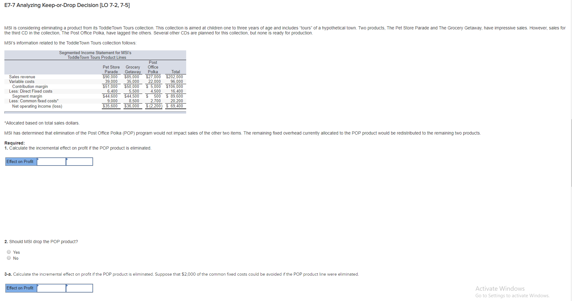  E7-7 Analyzing Keep-or-Drop Decision [LO 7-2, 7-5] MSI is considering eliminating