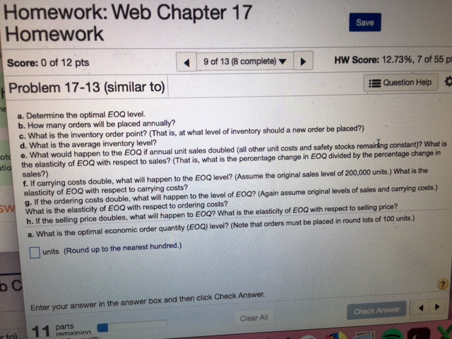 of 12 pts Problem 17-13 (similar to) 9 of 13 (8 complete)