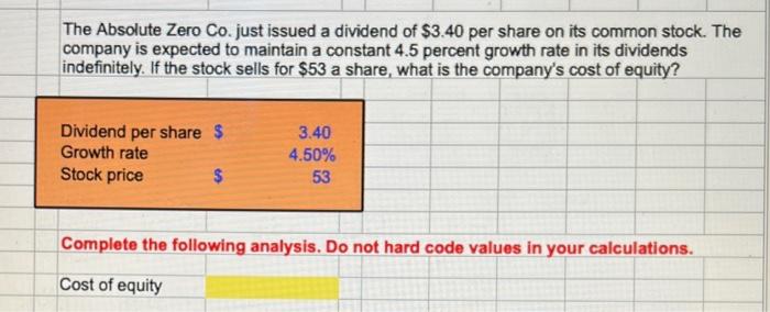 please, insert excel formula The Absolute Zero Co. just issued a dividend