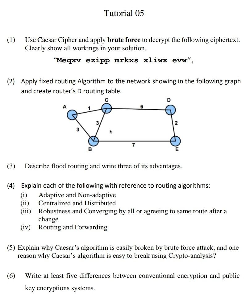 please answer all questions. Tutorial 05 (1) Use Caesar Cipher and