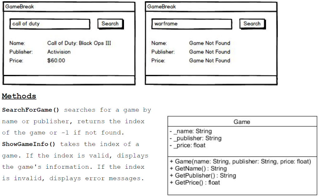 Using C#, create a searchable database for a video game store. The