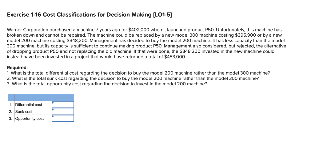 Exercise 1-16 Cost Classifications for Decision Making (LO1-5) Warner Corporation purchased