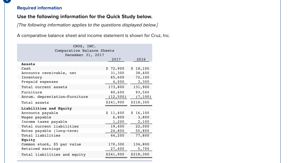 Required information Use the following information for the Quick Study below.