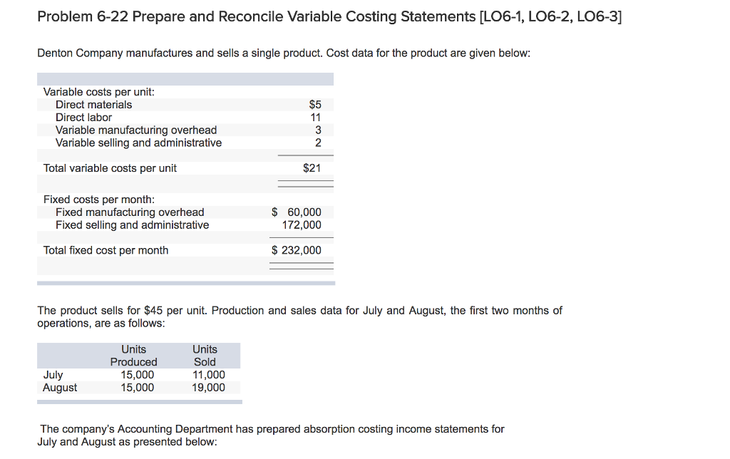 Problem 6-22 Prepare and Reconcile Variable Costing Statements LO6-1, LO6-2, LO6-31