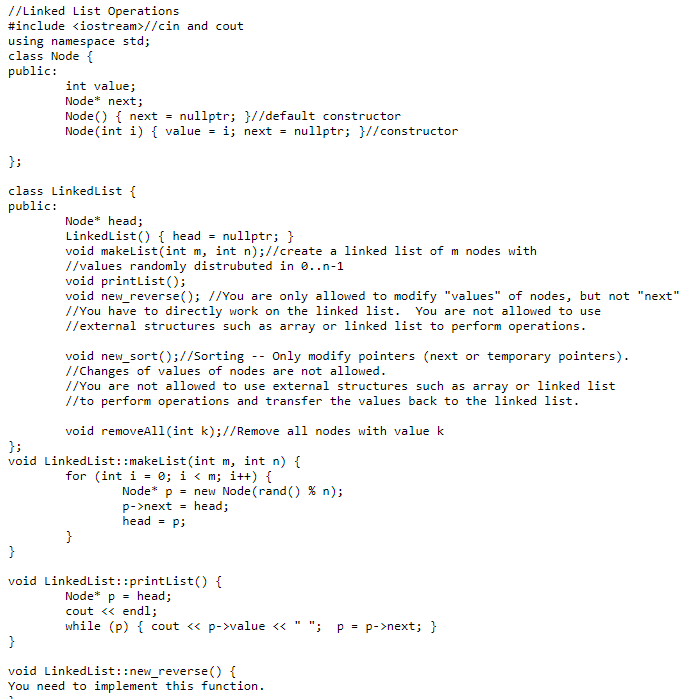 Implement the new_reverse() function. Reverse a singly linked list in C++, without