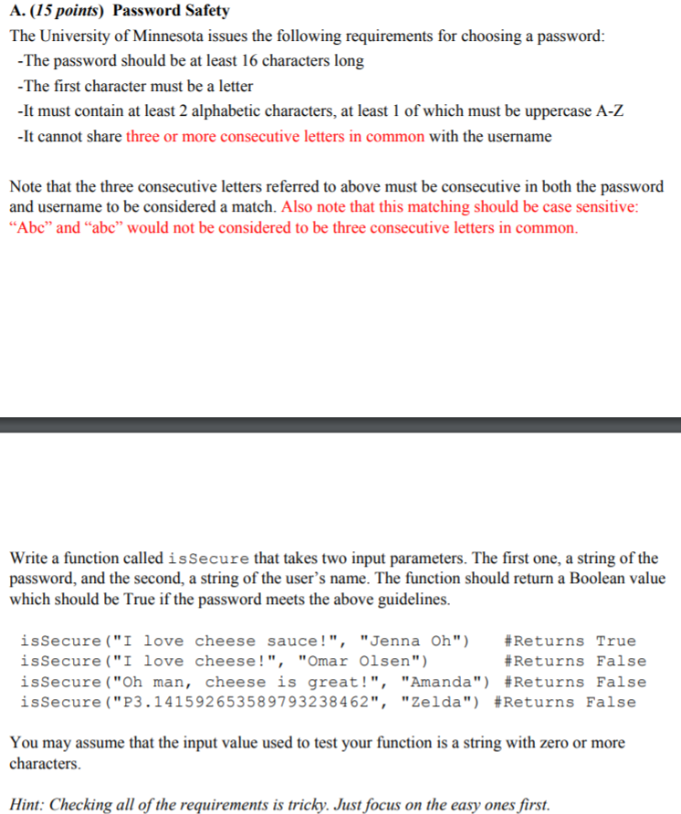  This is a python problem. A. (15 points) Password Safety The