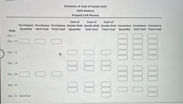 prepaid cell phones for December are as follows: Inventory Purchases Sales Dec.