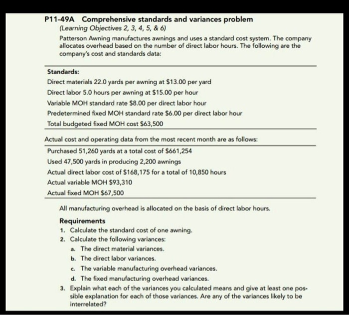  P11-49A Comprehensive standards and variances problem (Learning Objectives 2, 3, 4,