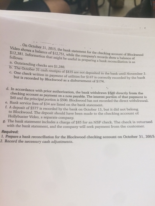  On October 31, 2015 the bank statement for the checking account