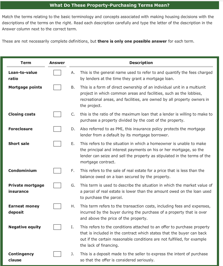  What Do These Property-Purchasing Terms Mean? Match the terms relating to