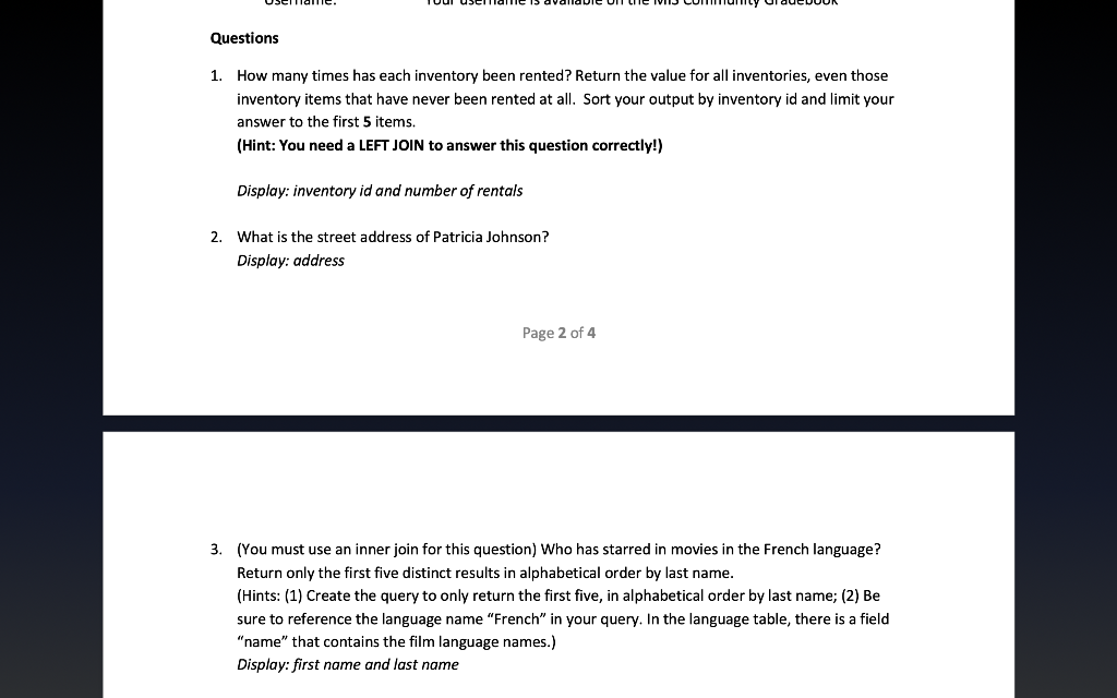 Question Answer 1 2 3 4 5 6 7 H film film_id