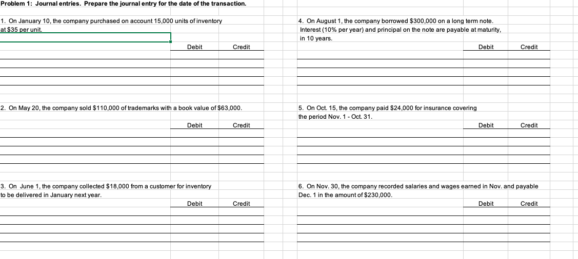  Problem 1: Journal entries. Prepare the journal entry for the date