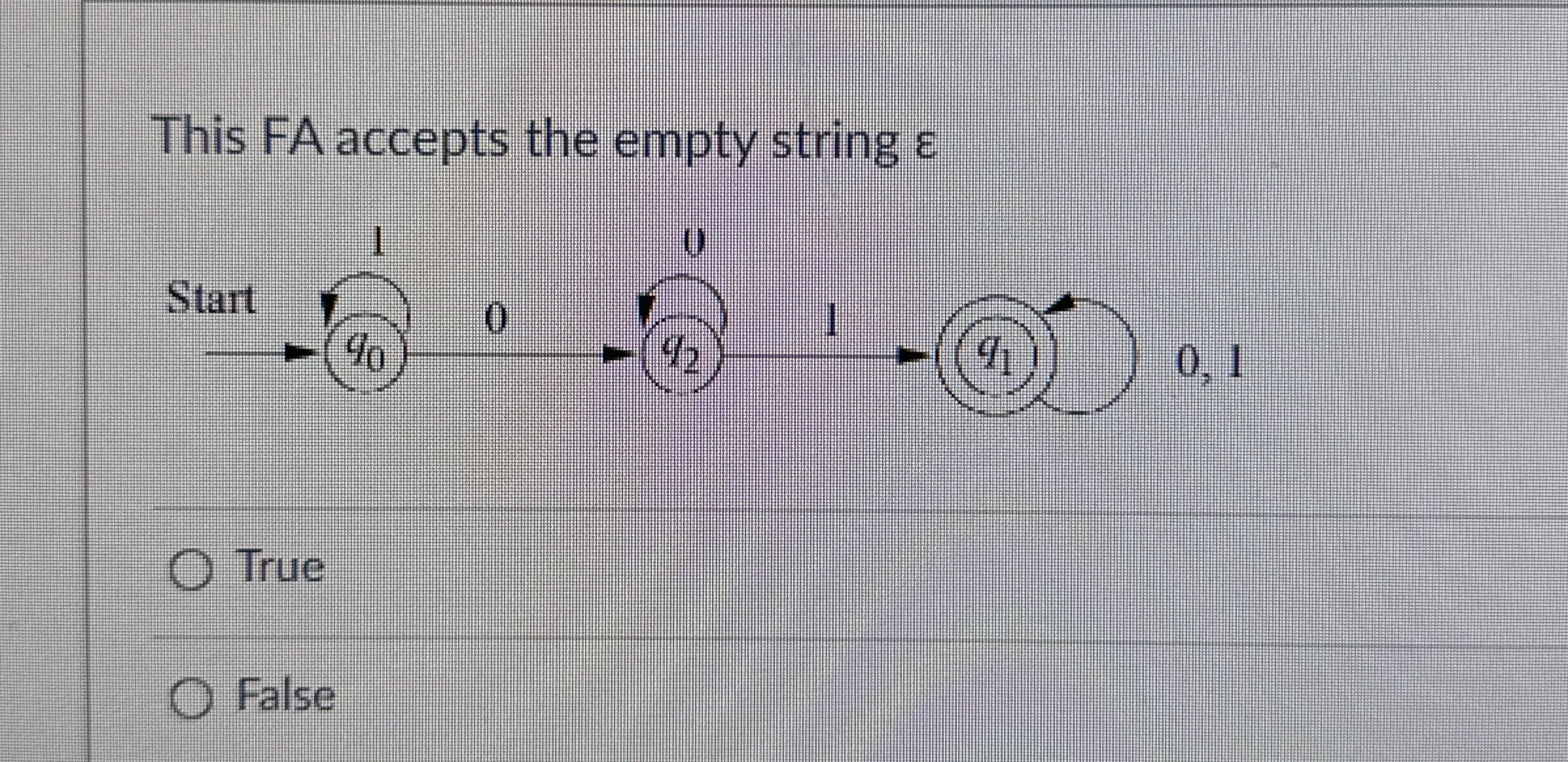  This FA accepts the empty string True False 