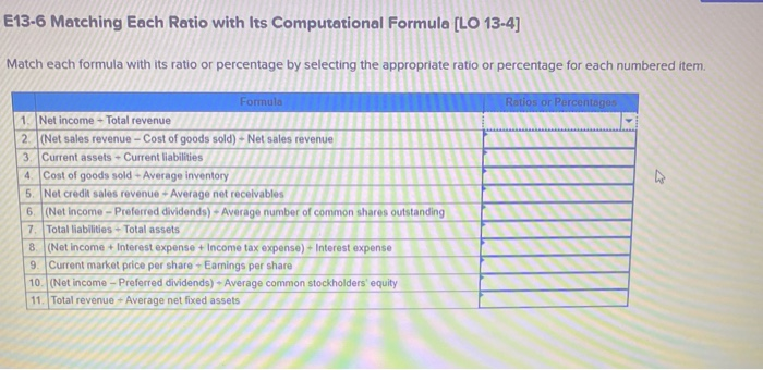  E13-6 Matching Each Ratio with its Computational Formula CLO 13.4) Match