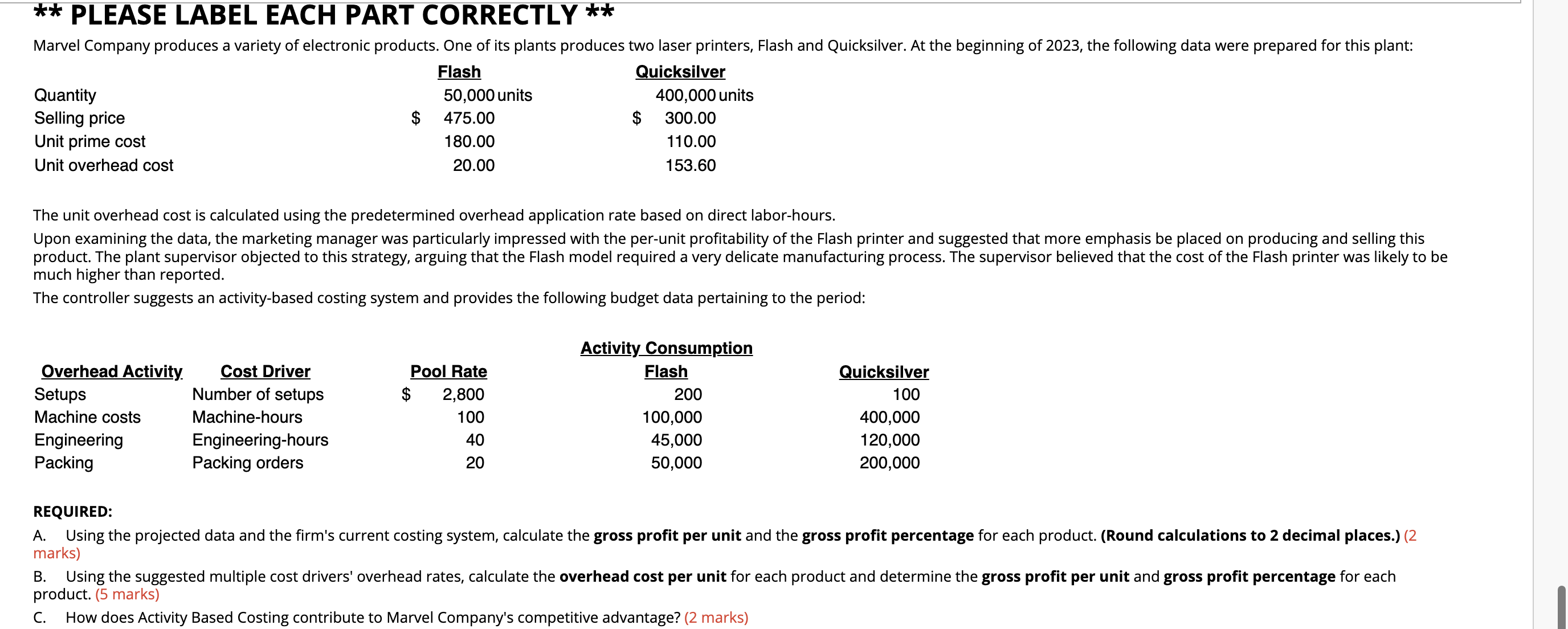  ** PLEASE LABEL EACH PART CORRECTLY ** The unit overhead cost