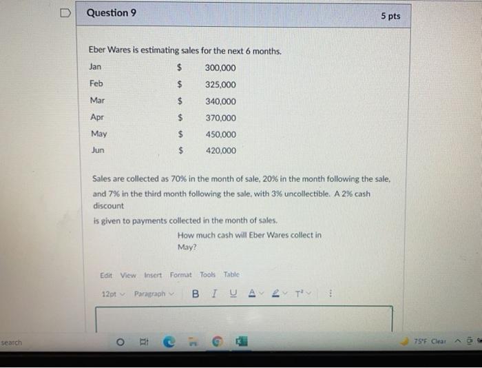 9 Question 9 5 pts Eber Wares is estimating sales for the