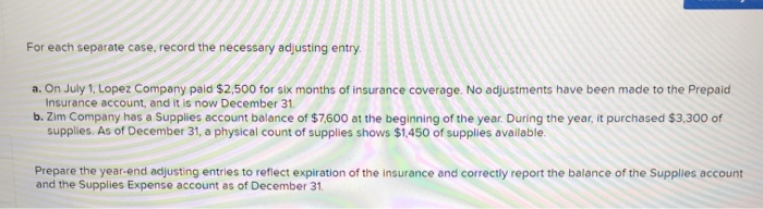  For each separate case, record the necessary adjusting entry a. On