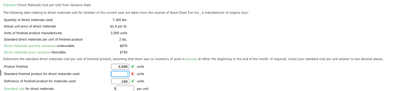 Standard Direct Materials Cost per Unit from Variance Data The following