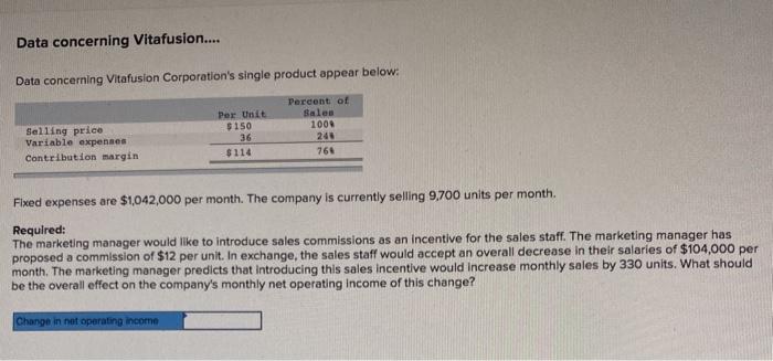  Data concerning Vitafusion.... Data concerning Vitafusion Corporation's single product appear below: