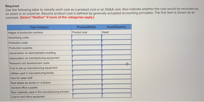  Required Use the following table to classify each cost as a