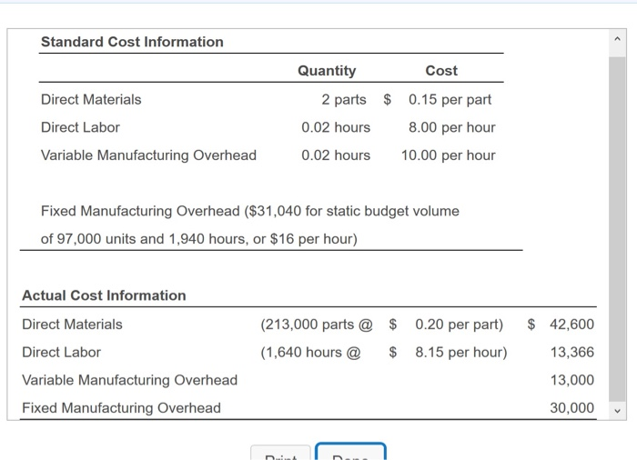  Standard Cost Information Quantity Cost 0.15 per part 8.00 per hour