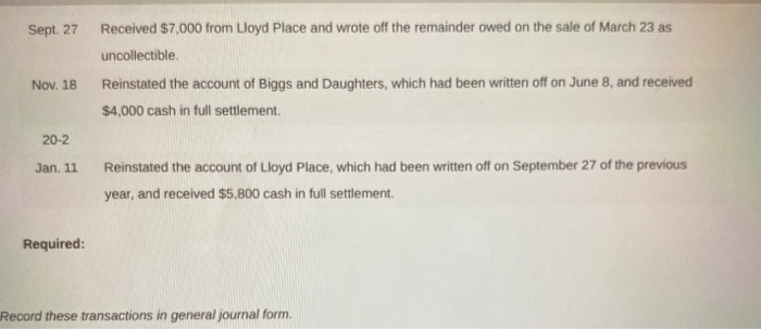 for uncollectible accounts. 20-1 Feb. 16 Mar. 23 June 8 Sold merchandise