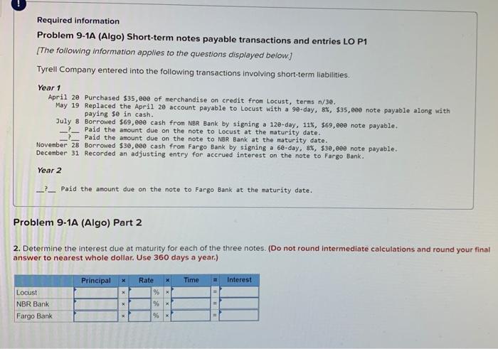  Required information Problem 9-1A (Algo) Short-term notes payable transactions and entries
