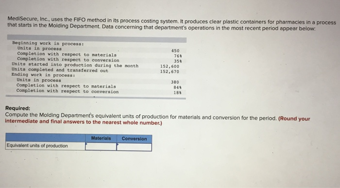  MediSecure, Inc., uses the FIFO method in its process costing system.