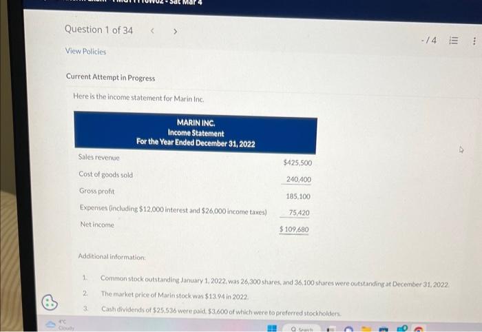  Current Attempt in Progress Here is the income statement for Marin