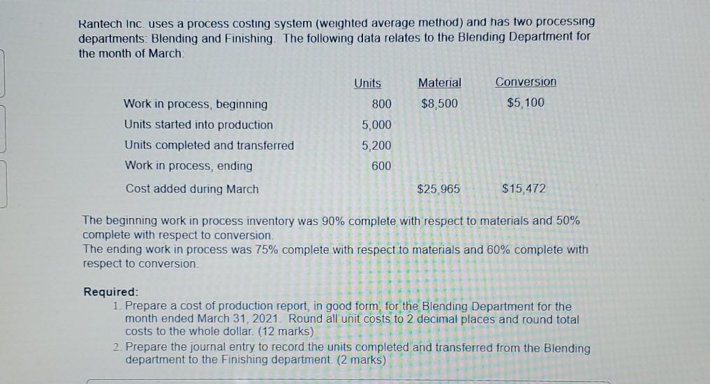 Rantech Inc. uses a process costing system (weighted average method) and
