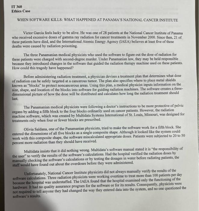  IT 360 Ethics Case WHEN SOFTWARE KILLS: WHAT HAPPENED AT PANAMA'S