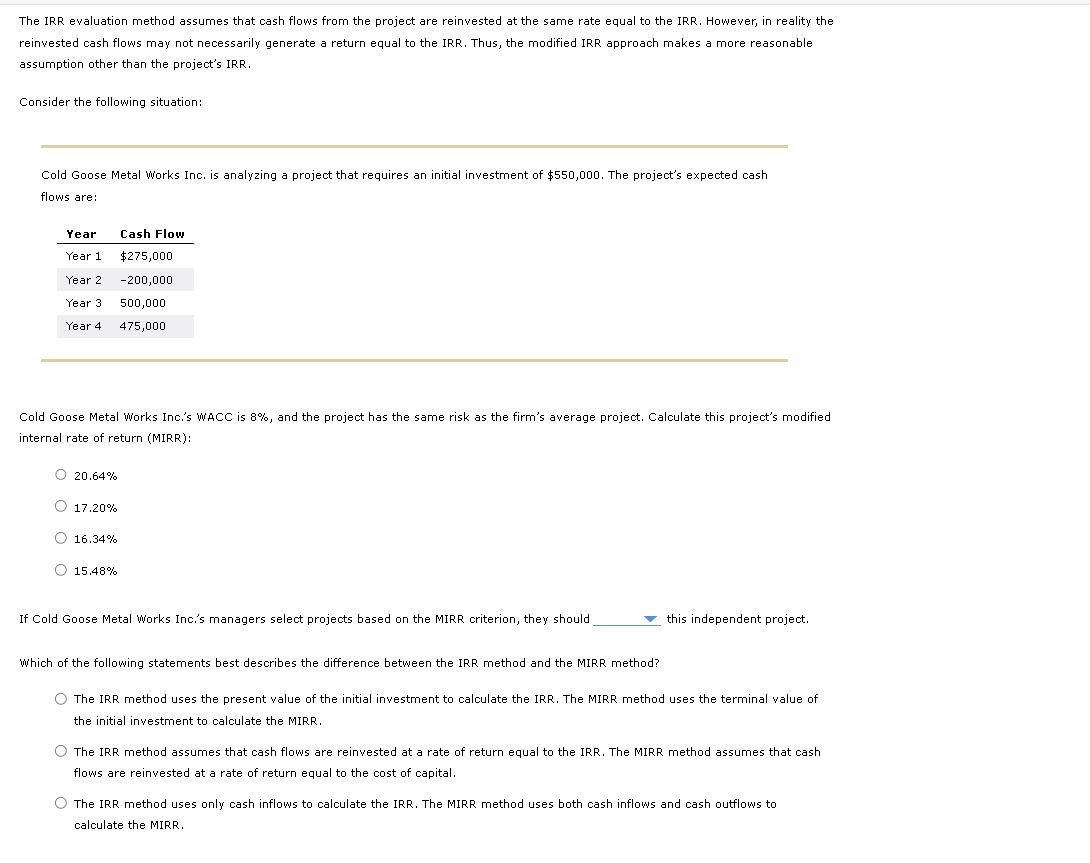  The IRR evaluation method assumes that cash flows from the project