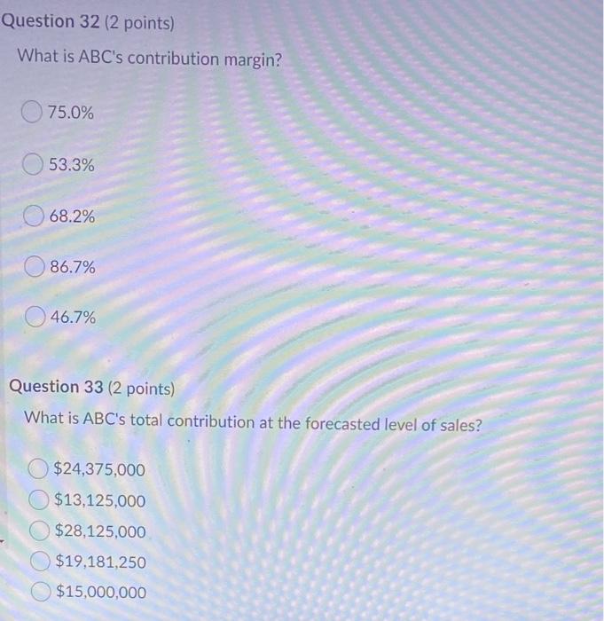  Question 32 (2 points) What is ABC's contribution margin? 75.0% 53.3%